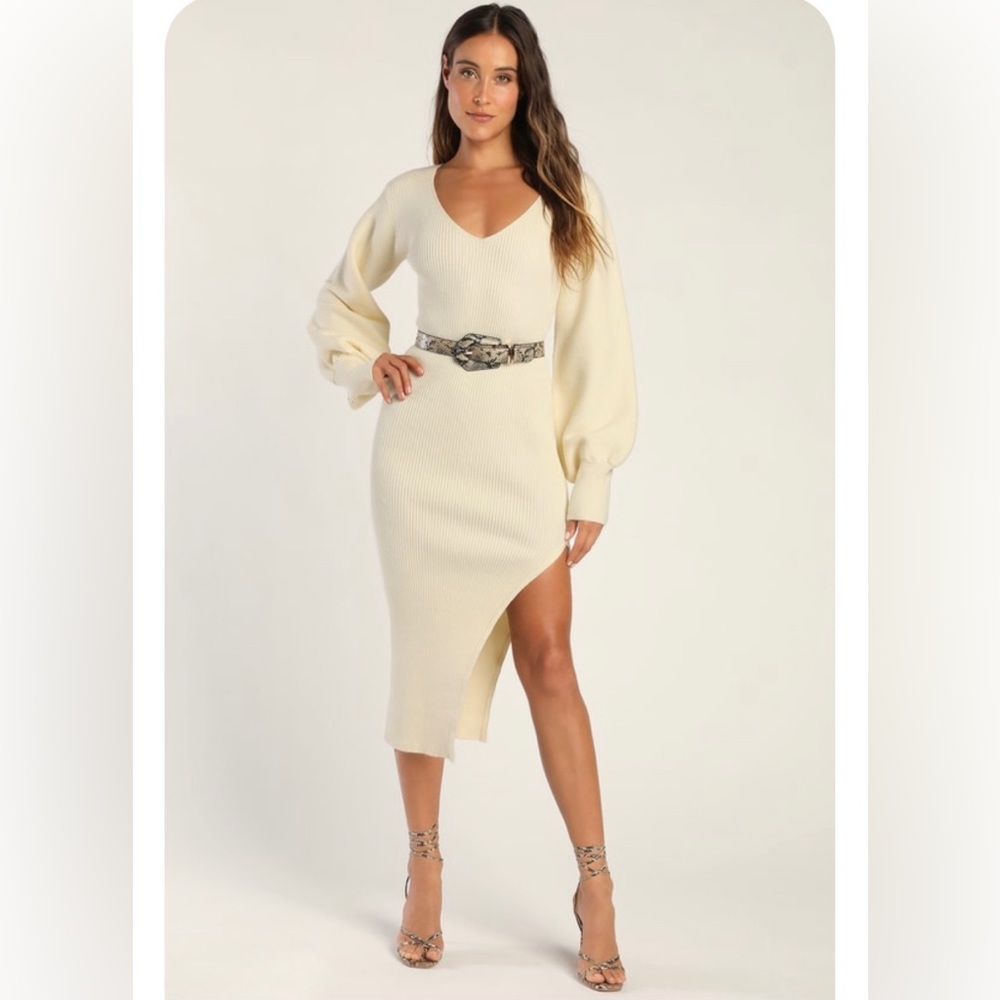 Autumn Darling Cream Balloon Sleeve Midi Sweater Dress